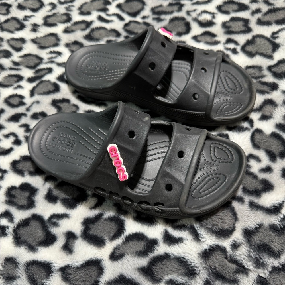 CROCS Black Slide Sandals with Pink Accents